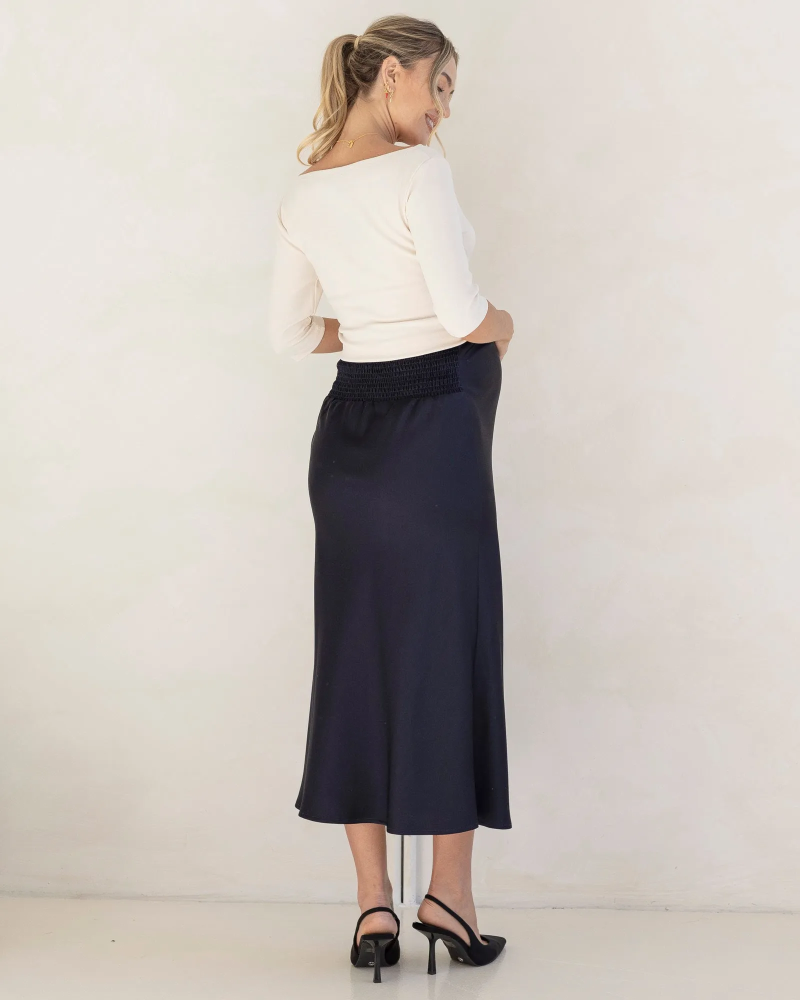 Sheena Maternity Satin-Finish Midi Work Skirt in Navy