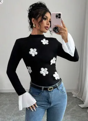 Shein Elegant Colorblock Patchwork Flared Sleeve Floral Decor T-Shirt, M  