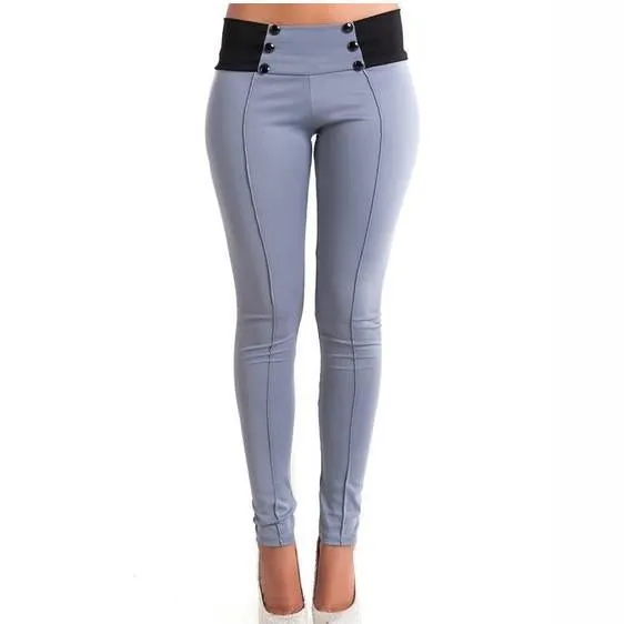 Skinny Buttons High Waist Slim Long Patchwork Pants