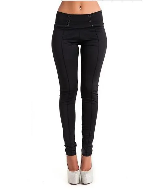 Skinny Buttons High Waist Slim Long Patchwork Pants