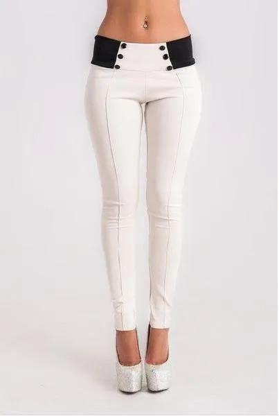 Skinny Buttons High Waist Slim Long Patchwork Pants