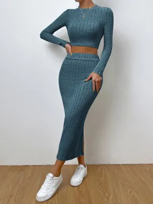 Solid Ribbed Knit Crop Tee & Split Thigh Skirt SS23- FD