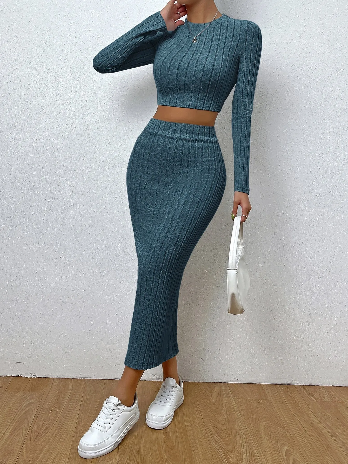 Solid Ribbed Knit Crop Tee & Split Thigh Skirt SS23- FD