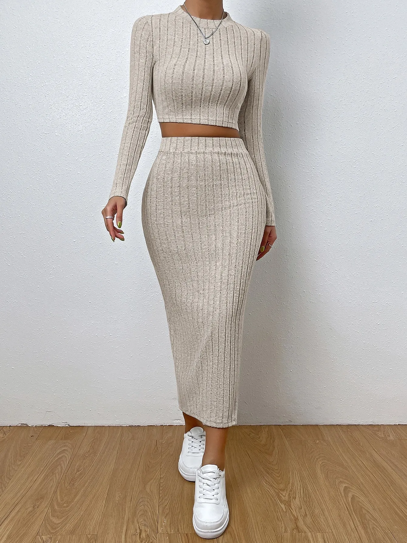 Solid Ribbed Knit Crop Tee & Split Thigh Skirt SS23