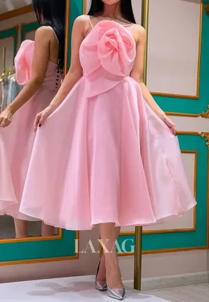 Spaghetti Straps Off-Shoulder Sleeveless A-Line Prom Dress Floral Embellished Pleated Midi Formal Gowns