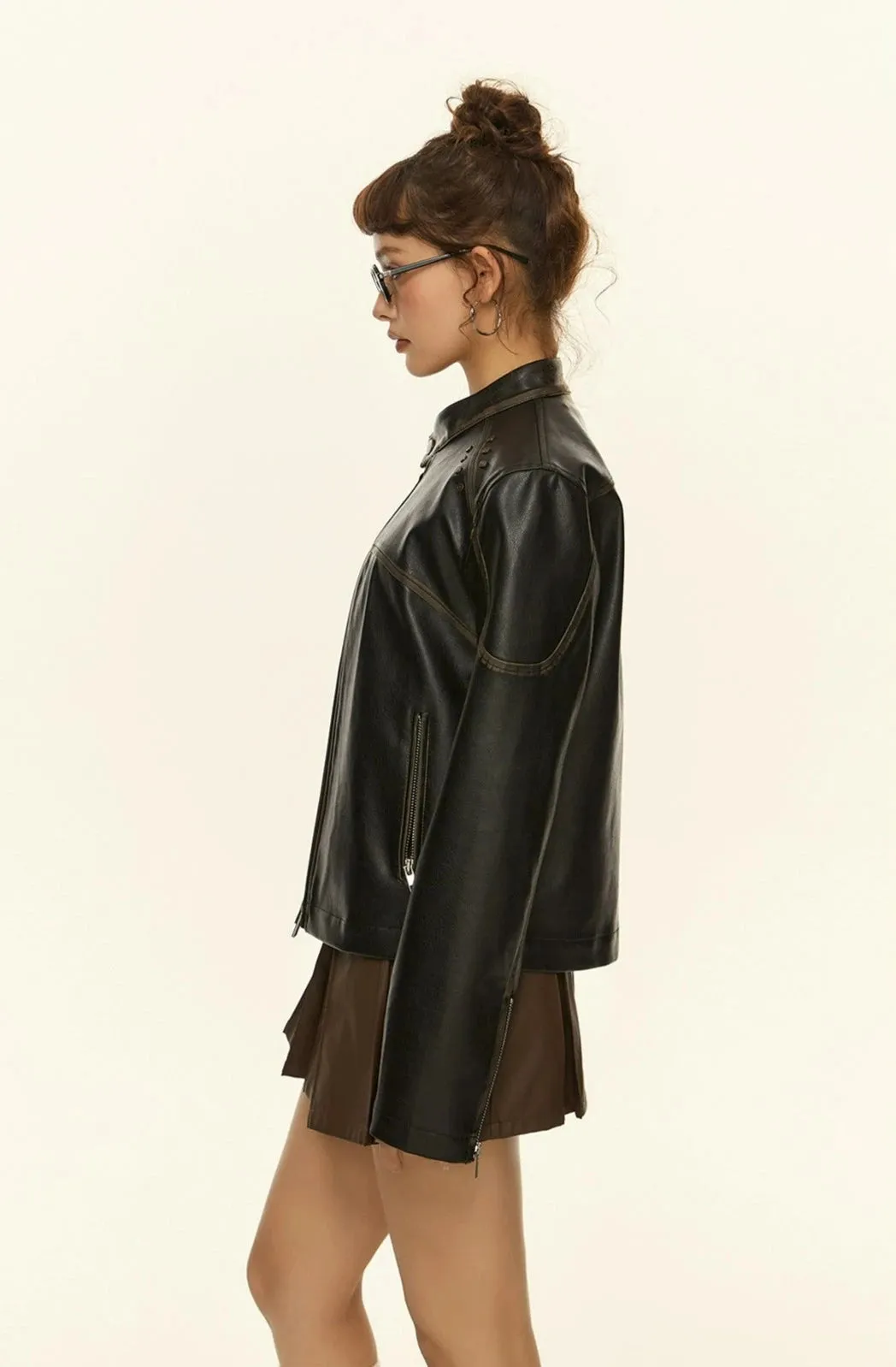 Studded Detail Faux Leather Racer Jacket