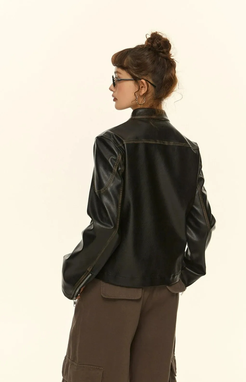 Studded Detail Faux Leather Racer Jacket