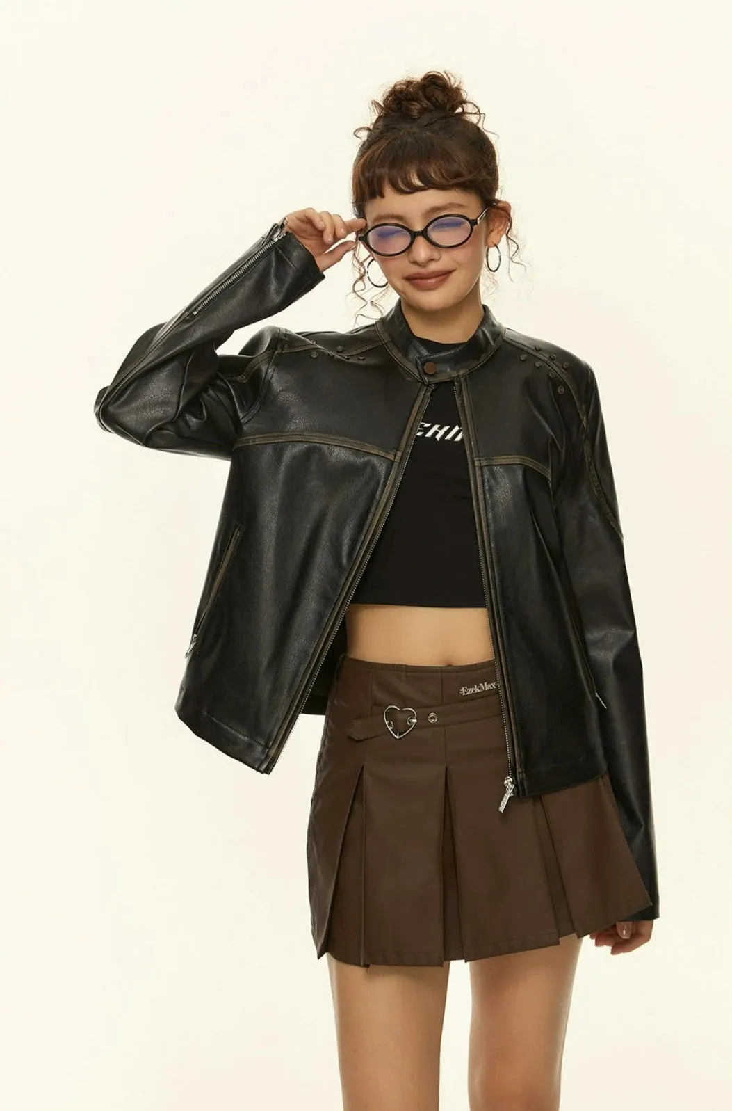 Studded Detail Faux Leather Racer Jacket