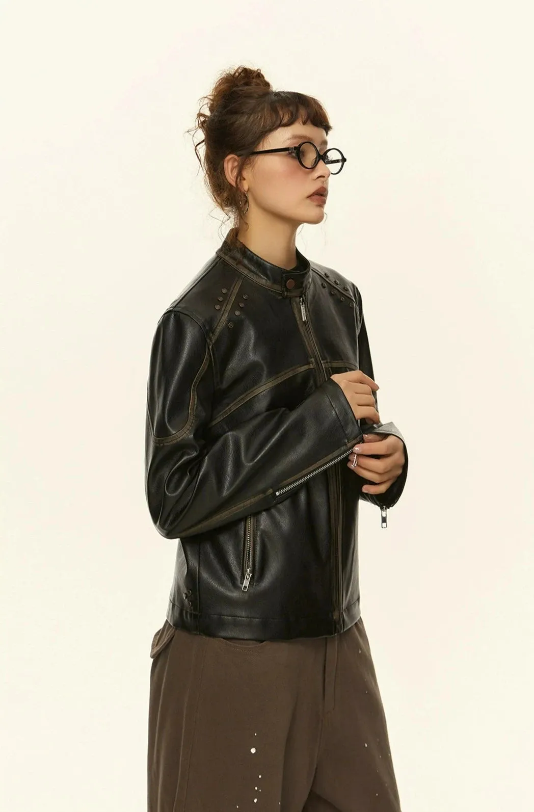 Studded Detail Faux Leather Racer Jacket