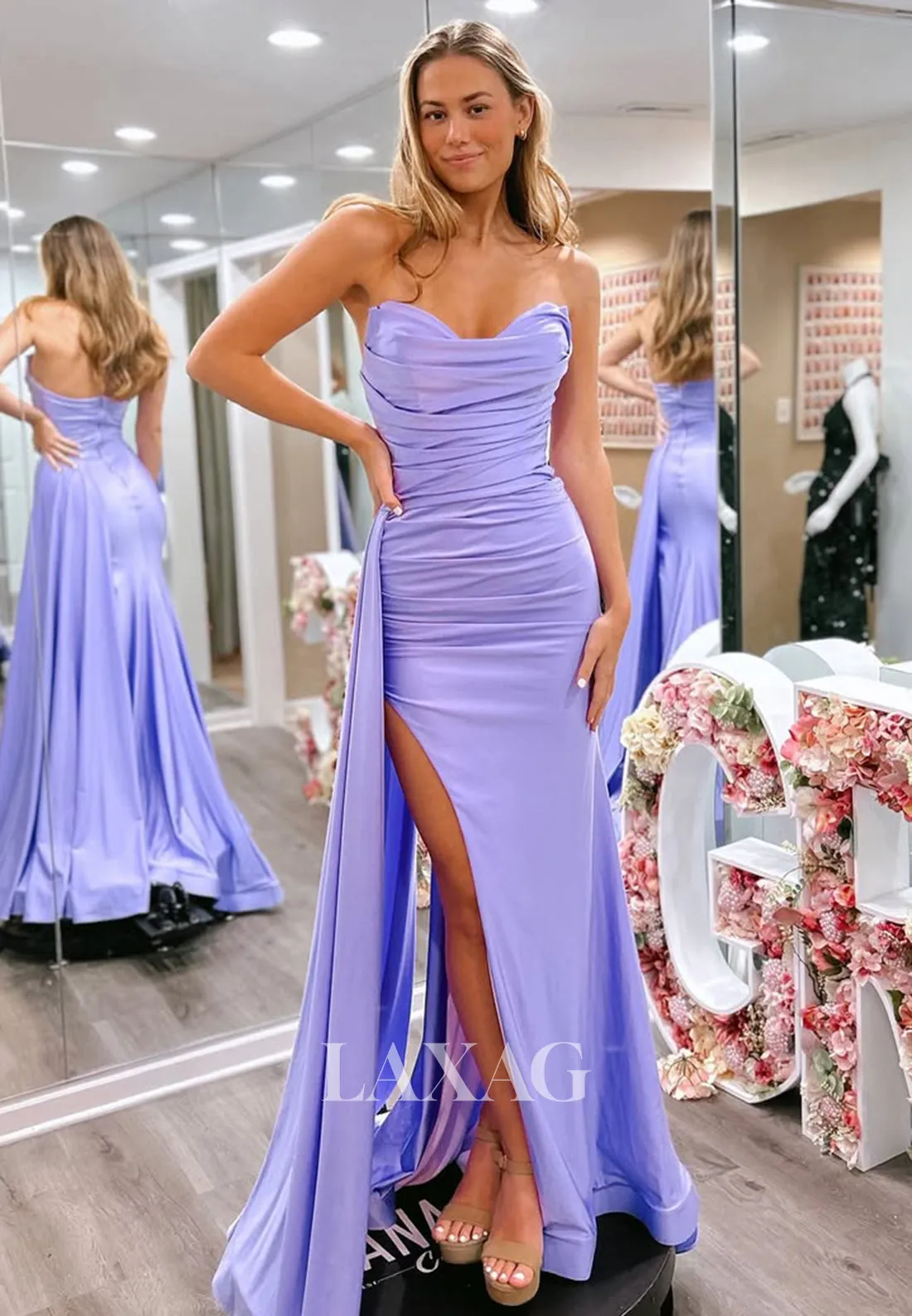 Sweetheart Off-Shoulder Sleeveless Party Gowns Pleated Sweep Train High Slit Mermaid Prom Dress