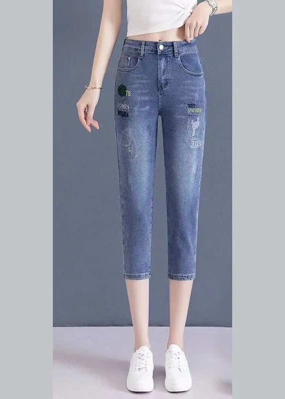 Vogue Blue Embroideried Button Crop Jeans TY1069