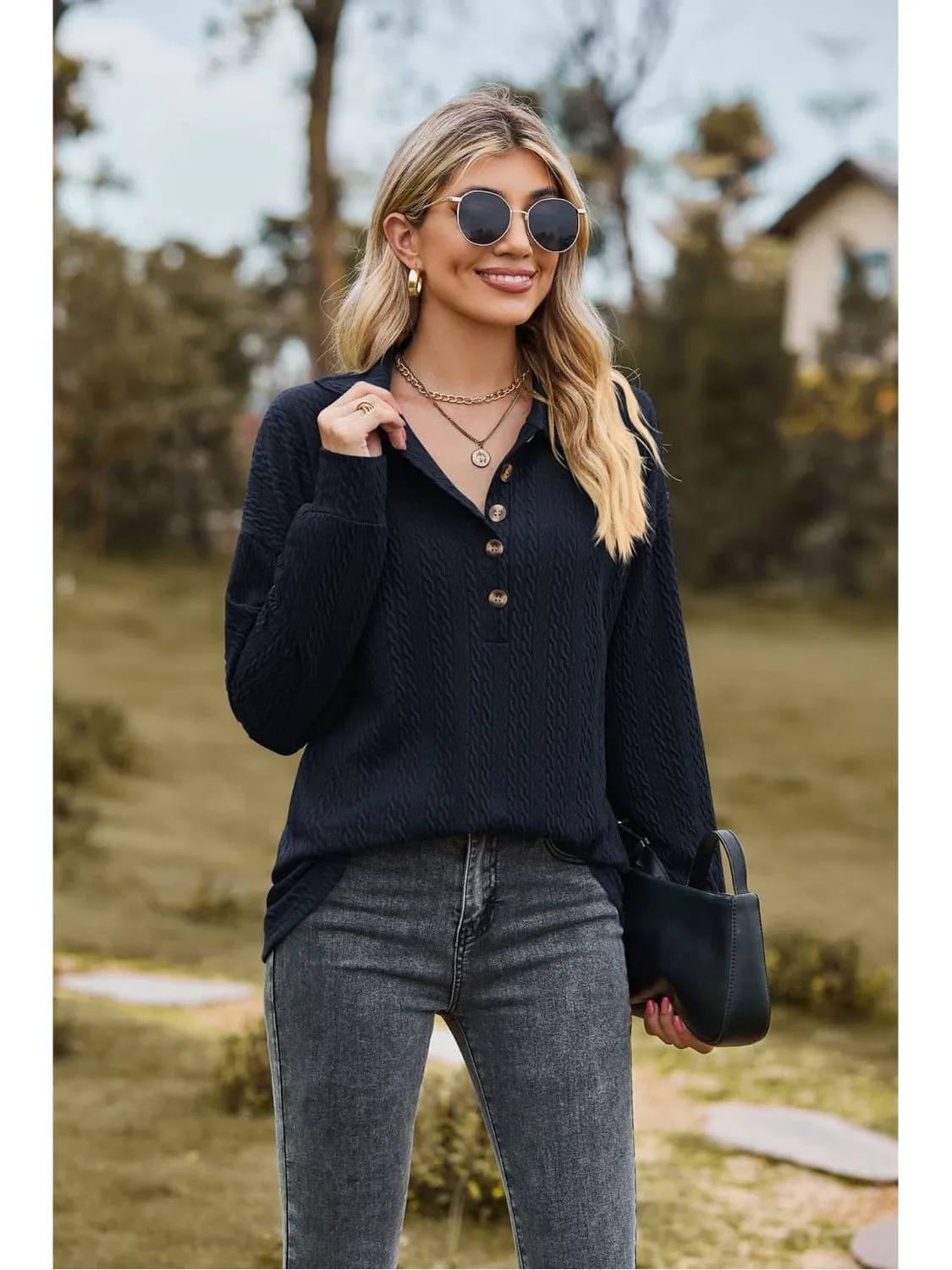 Women Collared Neck Long Sleeve Blouse