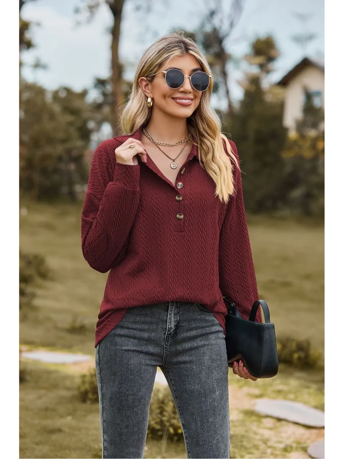 Women Collared Neck Long Sleeve Blouse