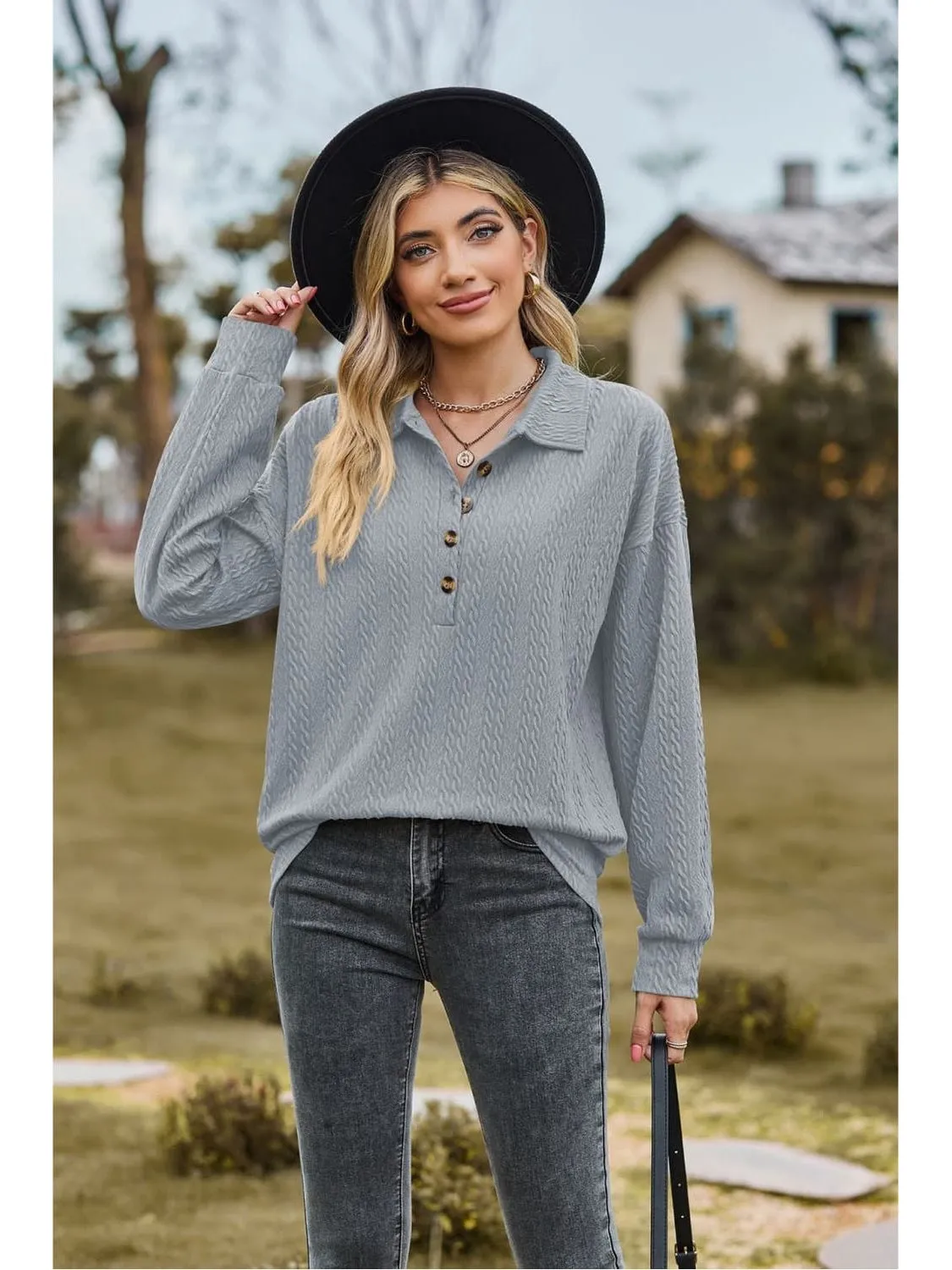 Women Collared Neck Long Sleeve Blouse