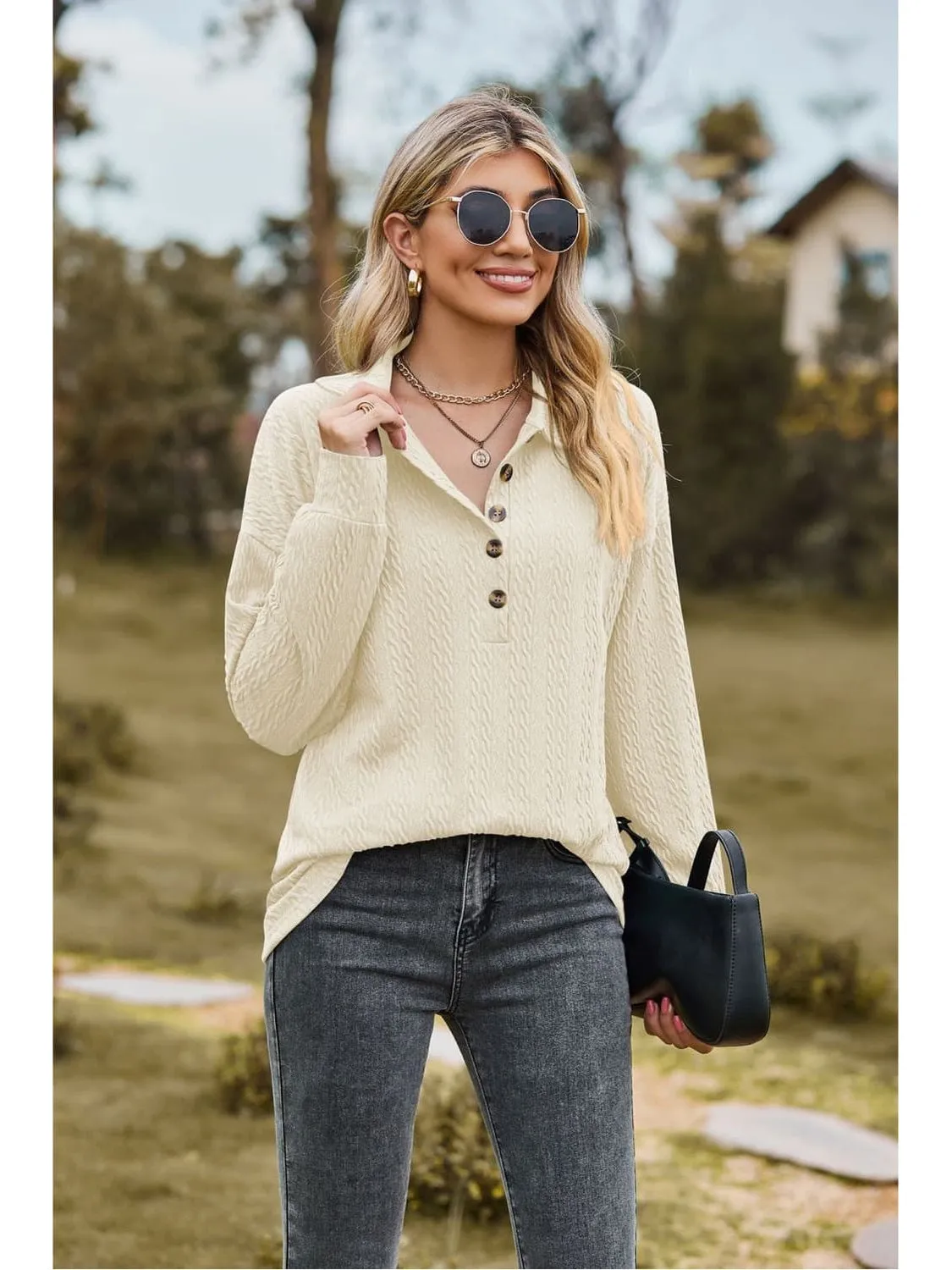 Women Collared Neck Long Sleeve Blouse