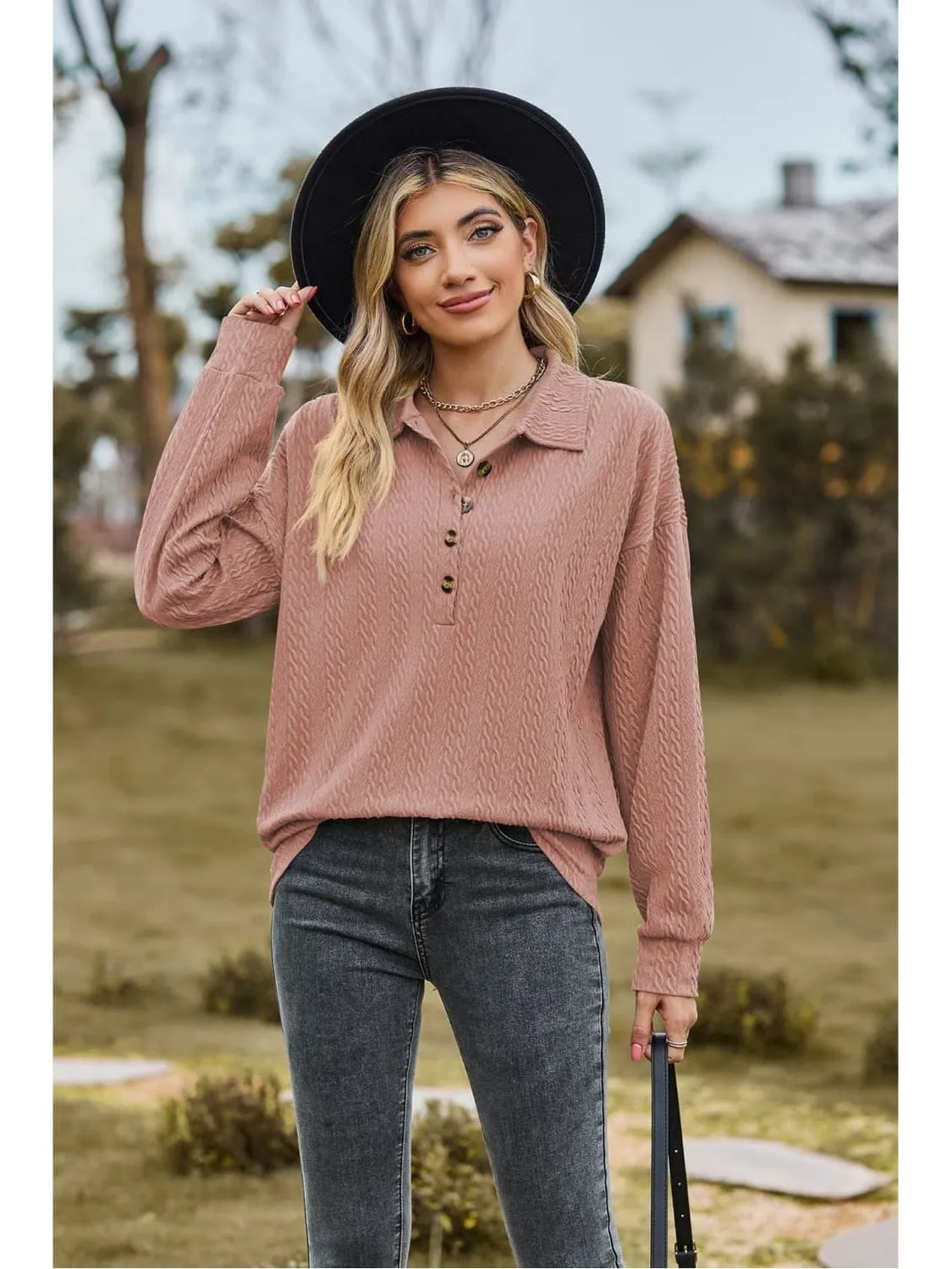 Women Collared Neck Long Sleeve Blouse