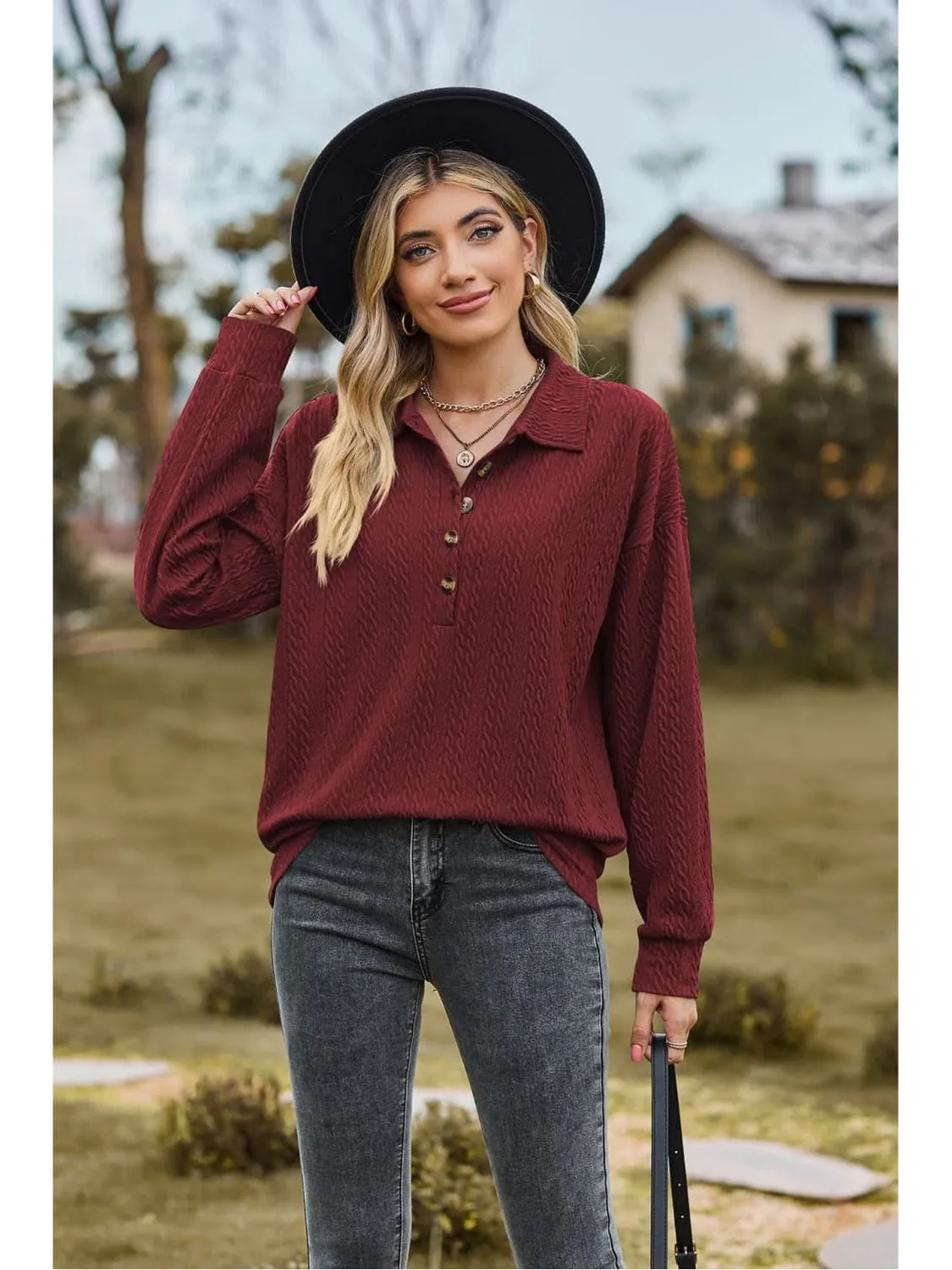 Women Collared Neck Long Sleeve Blouse