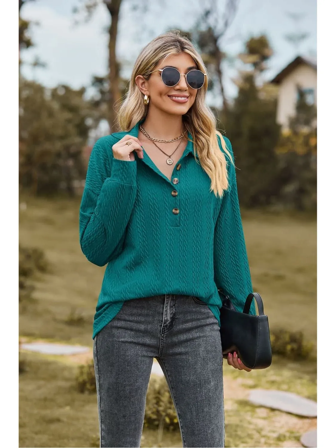 Women Collared Neck Long Sleeve Blouse