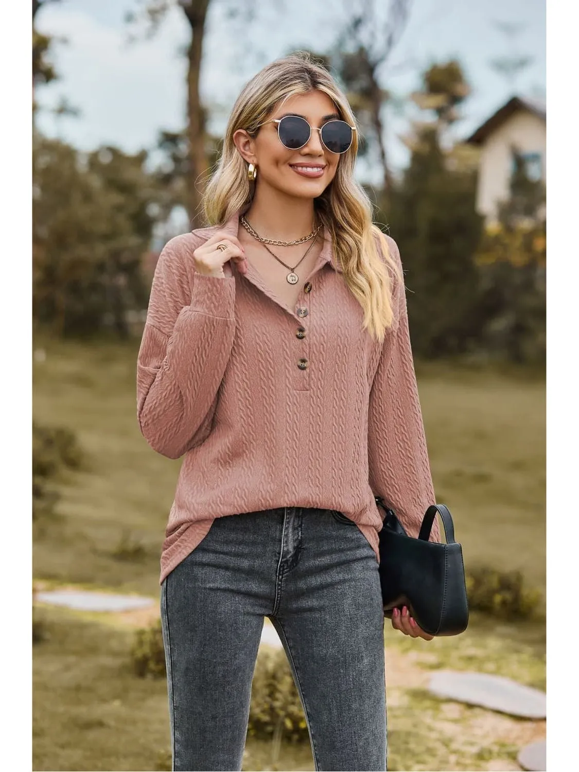 Women Collared Neck Long Sleeve Blouse