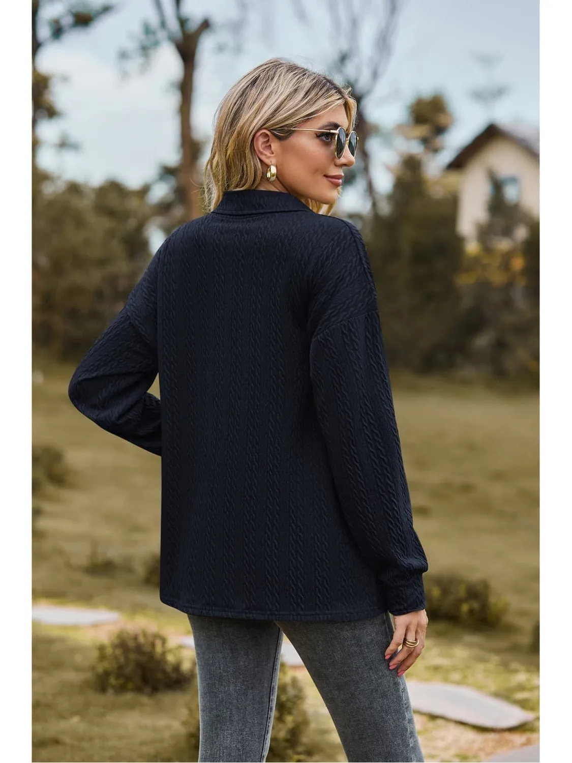 Women Collared Neck Long Sleeve Blouse
