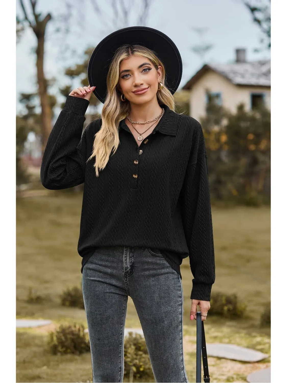 Women Collared Neck Long Sleeve Blouse