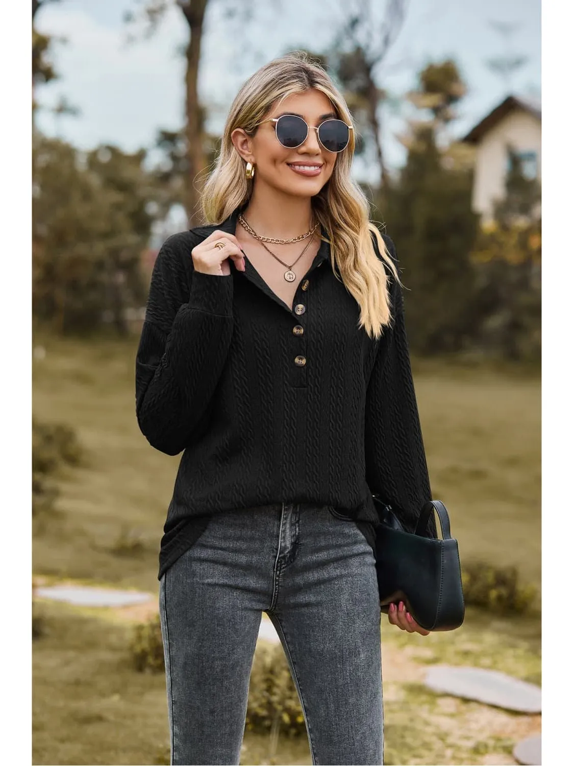 Women Collared Neck Long Sleeve Blouse