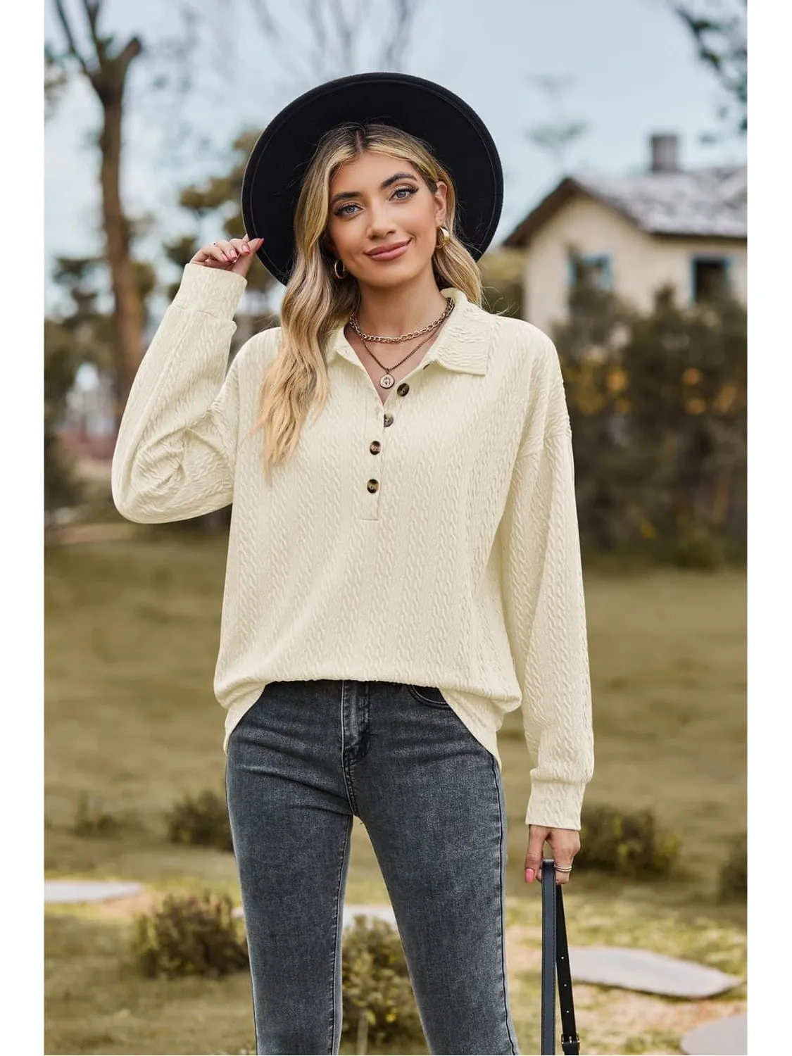 Women Collared Neck Long Sleeve Blouse
