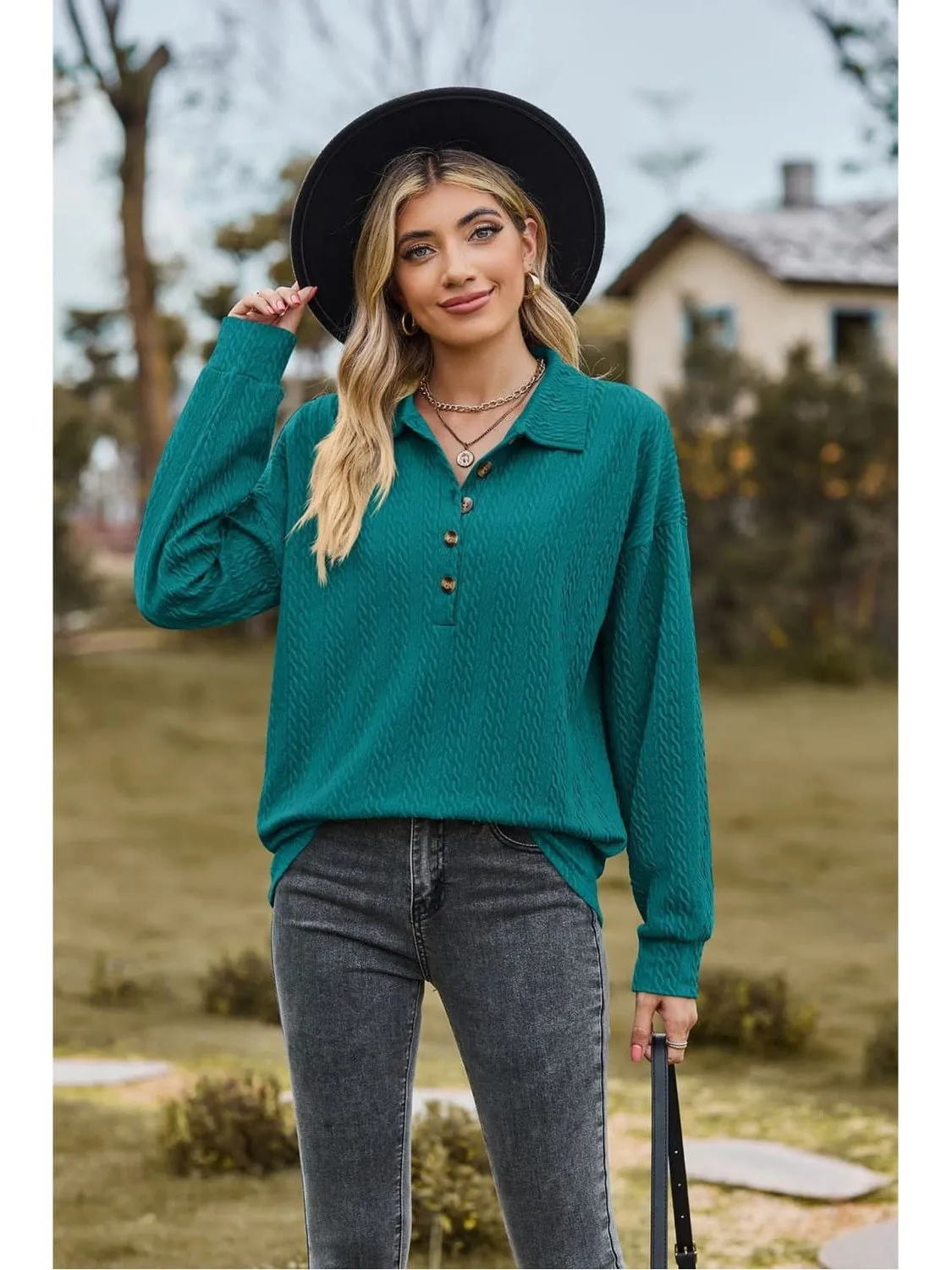 Women Collared Neck Long Sleeve Blouse