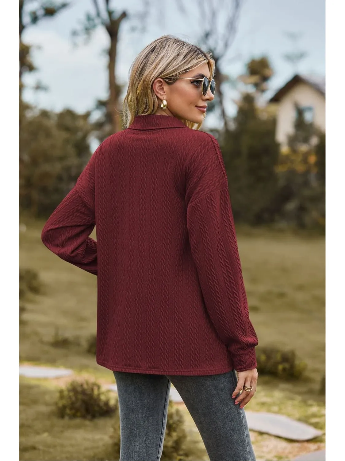 Women Collared Neck Long Sleeve Blouse