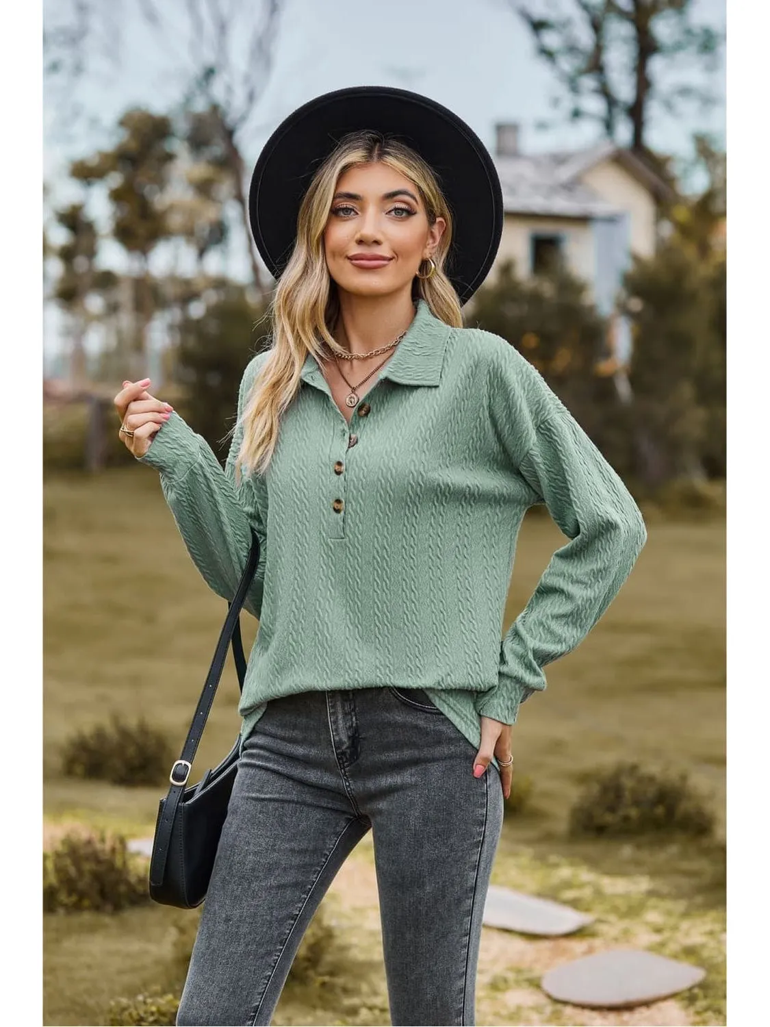 Women Collared Neck Long Sleeve Blouse