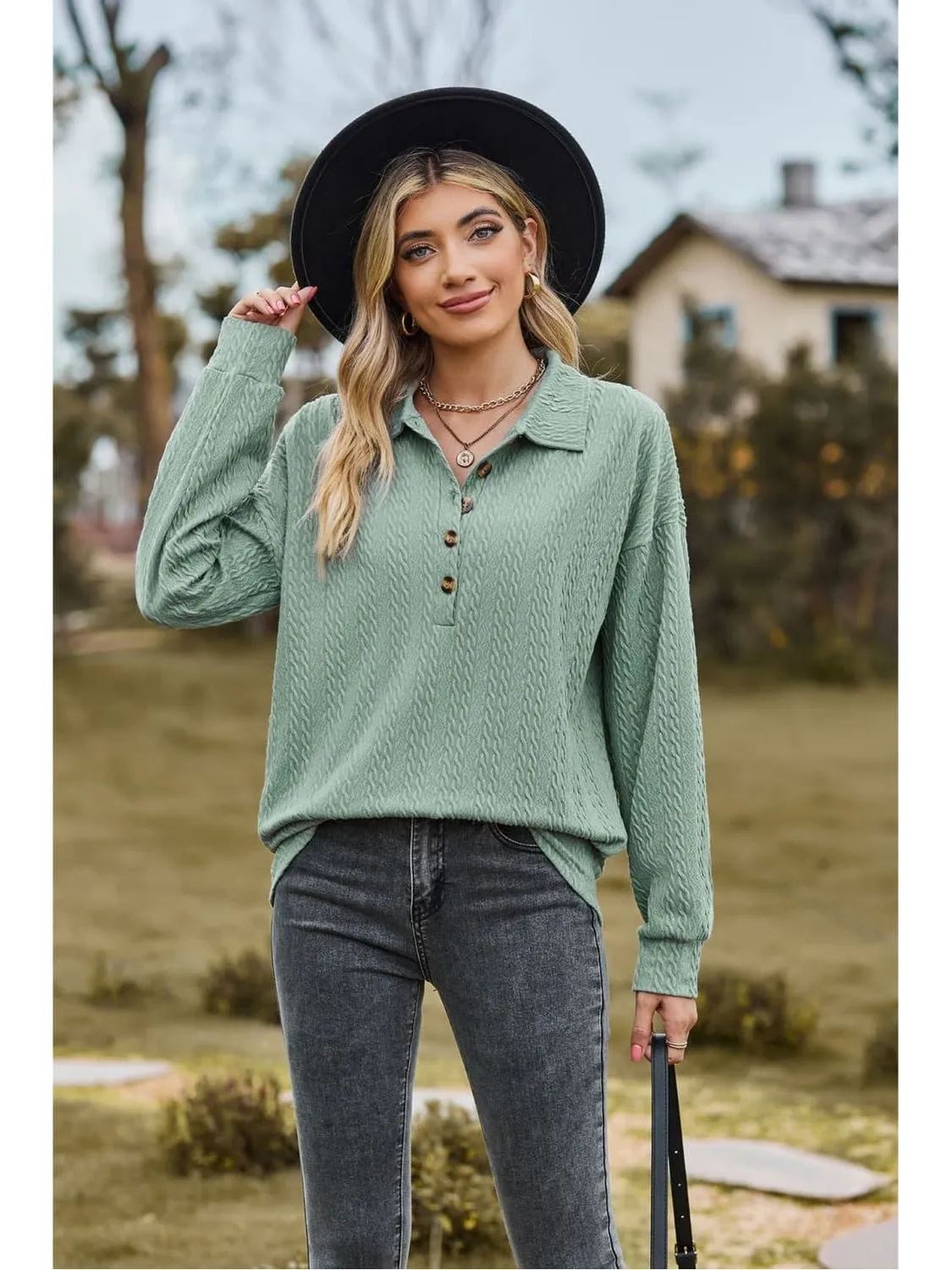 Women Collared Neck Long Sleeve Blouse