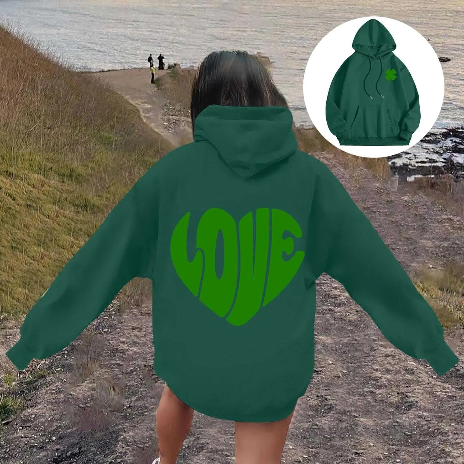 Women's Hoodies Heart Print Graphic Long Sleeve Oversized Sweatshirts Drawstring Pullover Top with Pockets