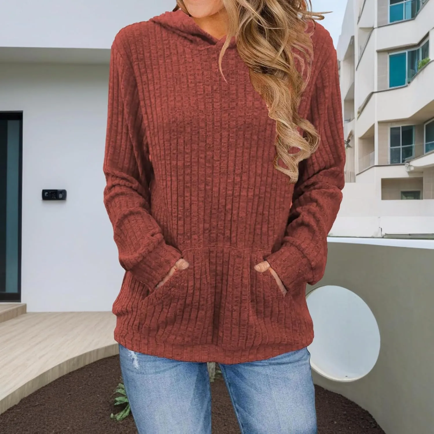Womens Hoodies Oversized Long Sleeve Hooded Sweatshirts Casual Soild Color Pullover Tops 2024 Fashion