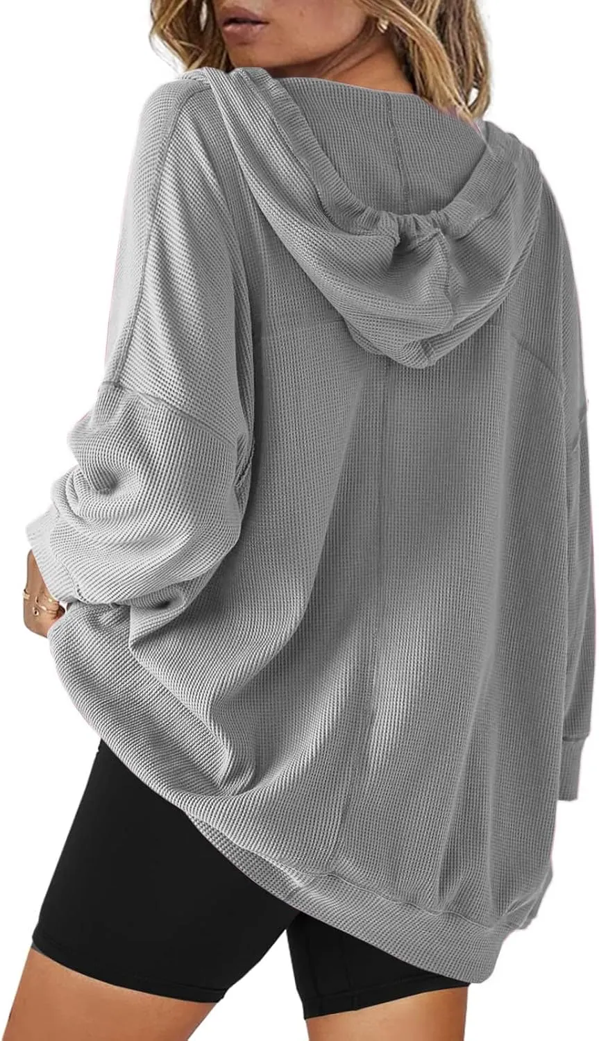 Womens Oversized Sweatshirt V Neck Hoodies Casual Drawstring Hooded Pullover Top Waffle Long Sleeve Workout Tops