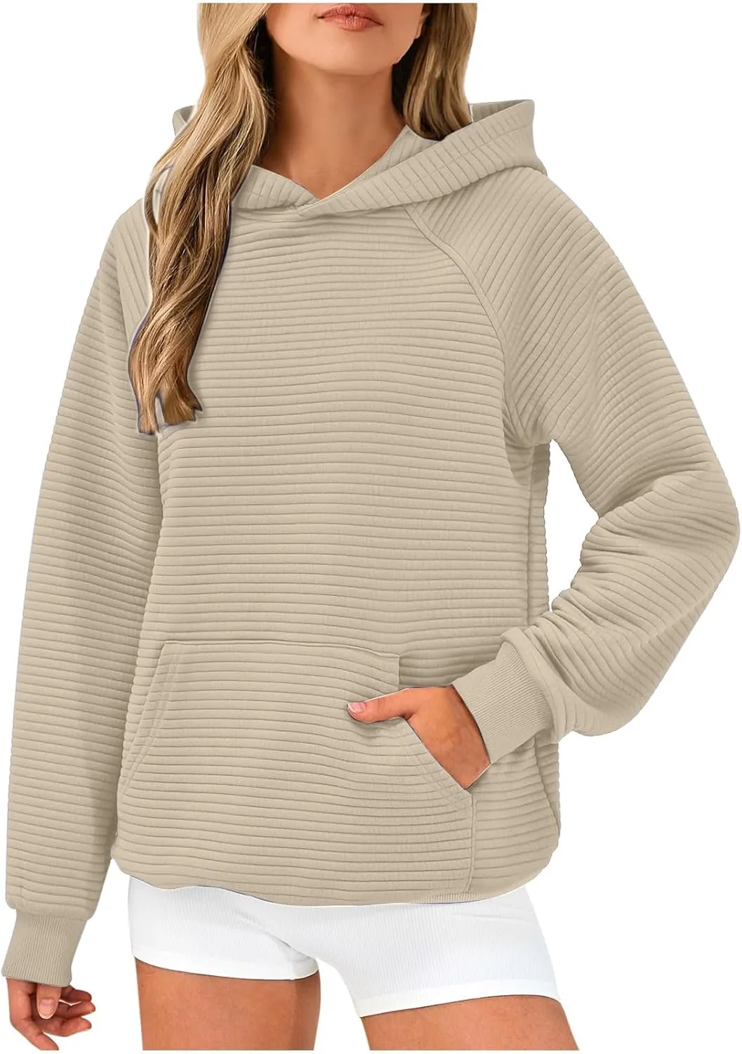 Women's Solid Oversized Hoodies Slub Knit Splicing Sweatshirt Loose Soft Long Sleeve Pullover Tops with Pocket