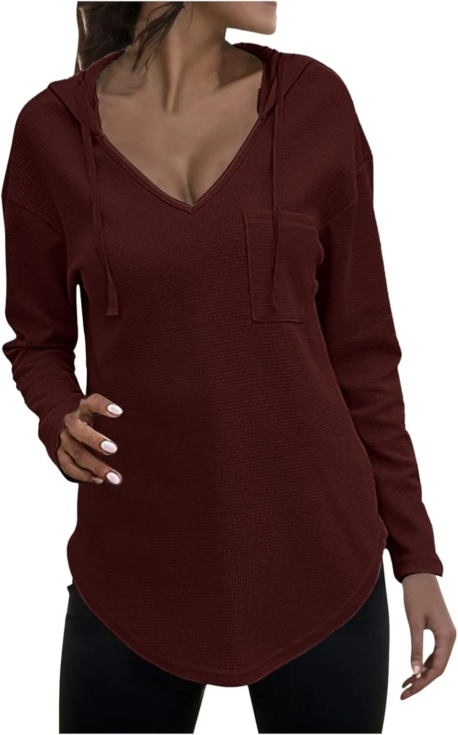 Women's V-neck long-sleeved shirt Fall Sweatshirt Loose Fit Casual Tops Trendy Clothing with Pockets 2024