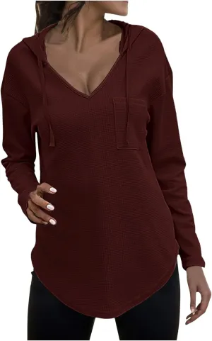 Women's V-neck long-sleeved shirt Fall Sweatshirt Loose Fit Casual Tops Trendy Clothing with Pockets 2024