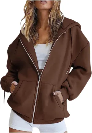 Womens Zip Up Hoodies Lightweight Fleece Jackets Oversized Long Sleeve Preppy Sweatshirt 2024 Fall Outfits Y2k Clothes